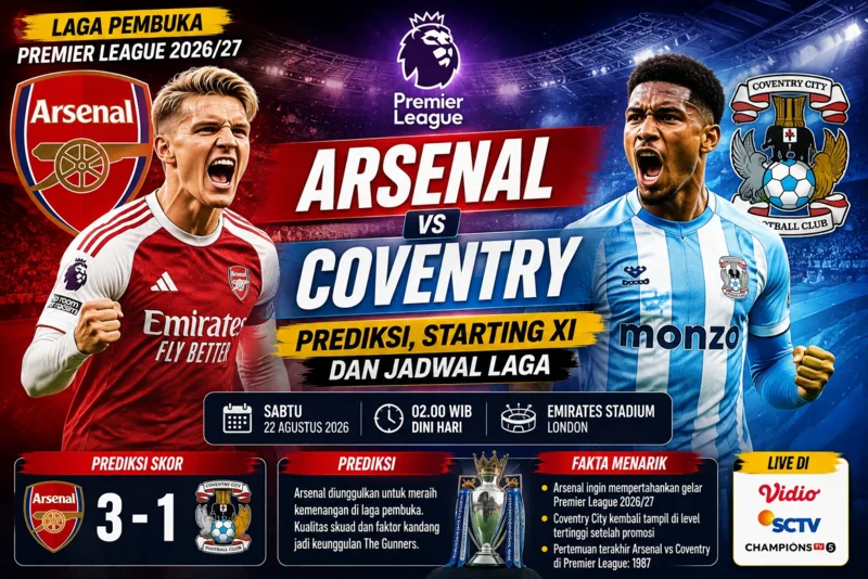 Arsenal vs Coventry Prediksi, Starting XI dan Jadwal Laga Pembuka Premier League 202627.webp